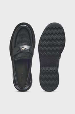 Leather penny loafers with calf hair vamp, Black