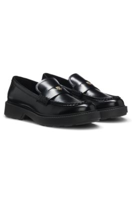 Leather loafers with penny trim and stacked logo, Black