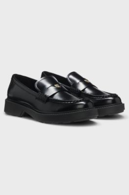 Leather loafers with penny trim and stacked logo, Black