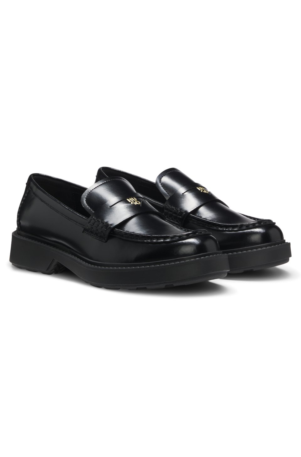 Leather loafers with penny trim and stacked logo