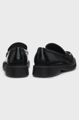 Leather loafers with penny trim and stacked logo, Black