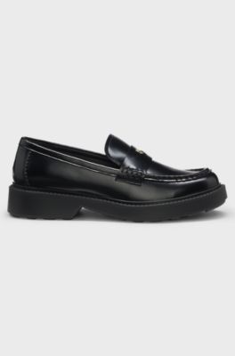 Leather loafers with penny trim and stacked logo, Black