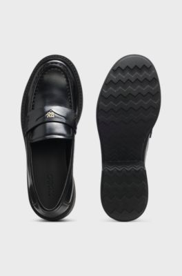 Leather loafers with penny trim and stacked logo, Black