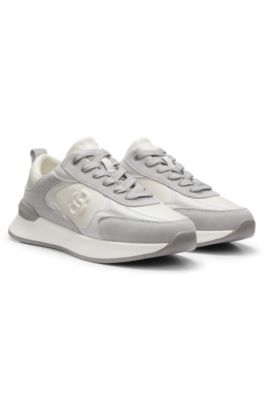 Leather and suede trainers with Double B monogram, Light Grey