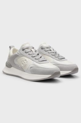Leather and suede trainers with Double B monogram, Light Grey