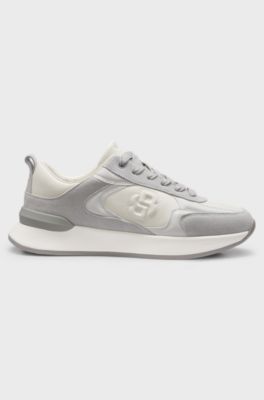 Leather and suede trainers with Double B monogram, Light Grey