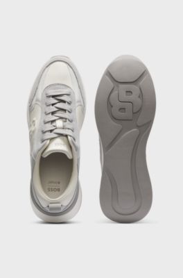 Leather and suede trainers with Double B monogram, Light Grey