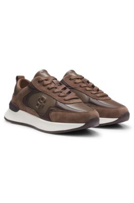Leather and suede trainers with Double B monogram, Brown