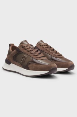 Leather and suede trainers with Double B monogram, Brown