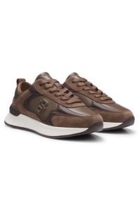 Leather and suede trainers with Double B monogram, Brown