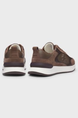 Leather and suede trainers with Double B monogram, Brown