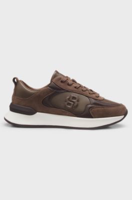 Leather and suede trainers with Double B monogram, Brown