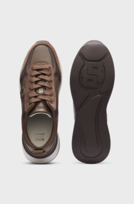 Leather and suede trainers with Double B monogram, Brown