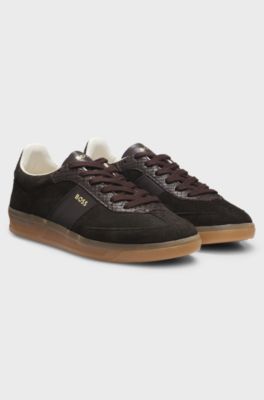 Trainers in leather and suede with python-print details, Dark Brown