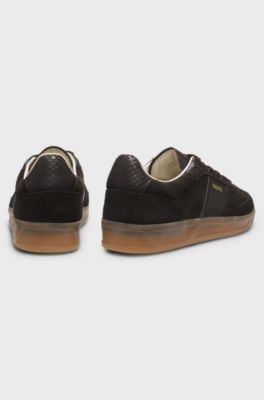 Trainers in leather and suede with python-print details, Dark Brown