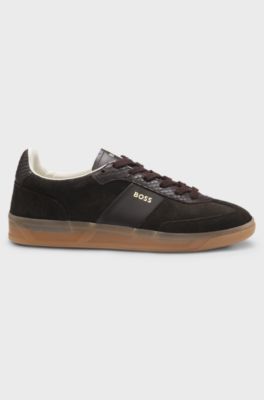 Trainers in leather and suede with python-print details, Dark Brown