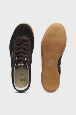 Trainers in leather and suede with python-print details, Dark Brown