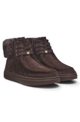 Suede boots with faux-fur collar, Dark Brown