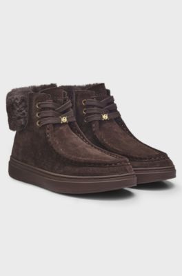 Suede boots with faux-fur collar, Dark Brown