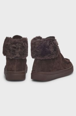 Suede boots with faux-fur collar, Dark Brown