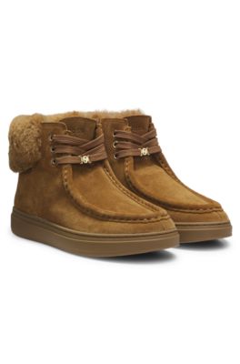 Suede boots with faux-fur collar, Light Brown