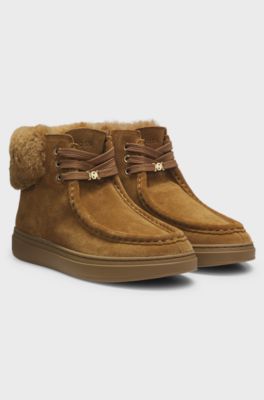 Suede boots with faux-fur collar, Light Brown