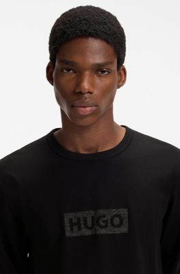 Textured slub cotton T-shirt with subtle print, Black