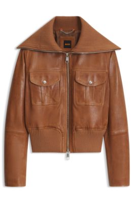 Cropped leather jacket with oversized knitted collar, Brown