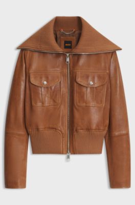 Cropped leather jacket with oversized knitted collar, Brown