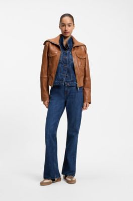 Cropped leather jacket with oversized knitted collar, Brown