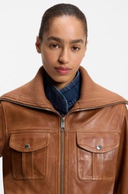Cropped leather jacket with oversized knitted collar, Brown