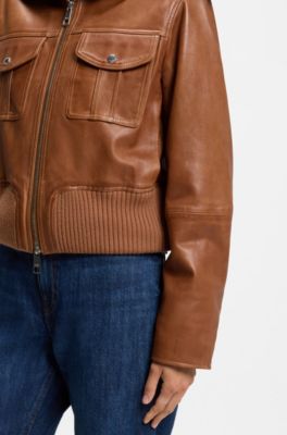 Cropped leather jacket with oversized knitted collar, Brown