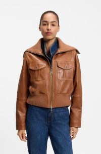 Cropped leather jacket with oversized knitted collar, Brown