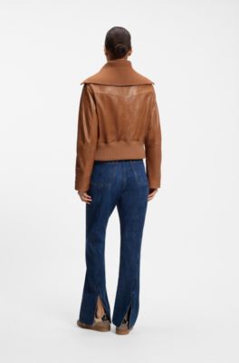 Cropped leather jacket with oversized knitted collar, Brown