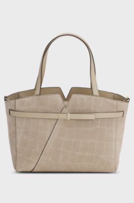 BOSS Revers printed-suede tote bag with belt detail, Light Beige