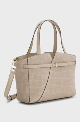 BOSS Revers printed-suede tote bag with belt detail, Light Beige
