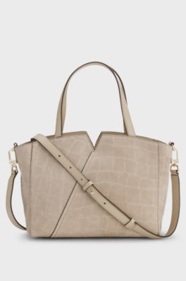 BOSS Revers printed-suede tote bag with belt detail, Light Beige