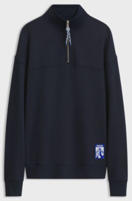 Zip-neck sweatshirt in French terry, Dark Blue