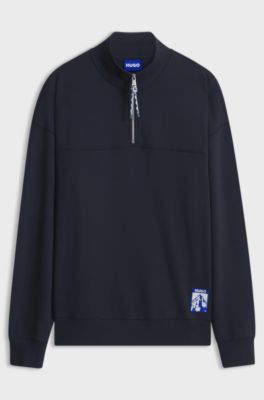 Zip-neck sweatshirt in French terry, Dark Blue