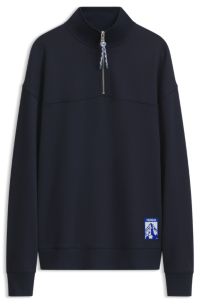 Zip-neck sweatshirt in French terry, Dark Blue