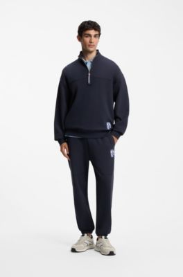 Zip-neck sweatshirt in French terry, Dark Blue