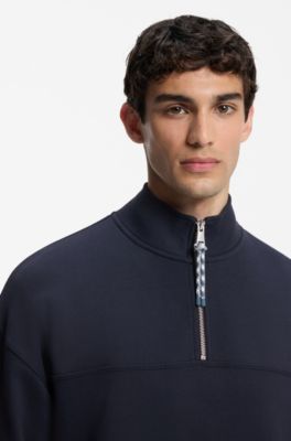Zip-neck sweatshirt in French terry, Dark Blue