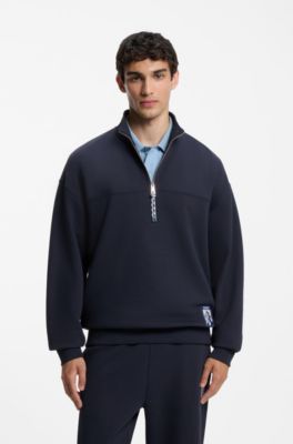 Zip-neck sweatshirt in French terry, Dark Blue