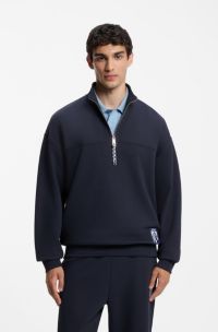 Zip-neck sweatshirt in French terry, Dark Blue