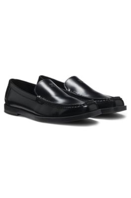Leather moccasins with stacked logo, Black