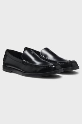 Leather moccasins with stacked logo, Black