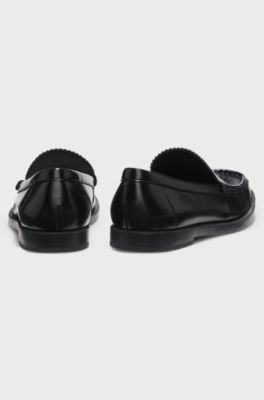 Leather moccasins with stacked logo, Black