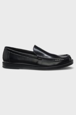 Leather moccasins with stacked logo, Black