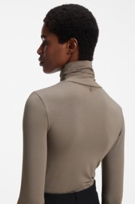 Slim-fit rollneck top in stretch jersey, Taupe