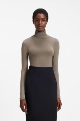 Slim-fit rollneck top in stretch jersey, Taupe